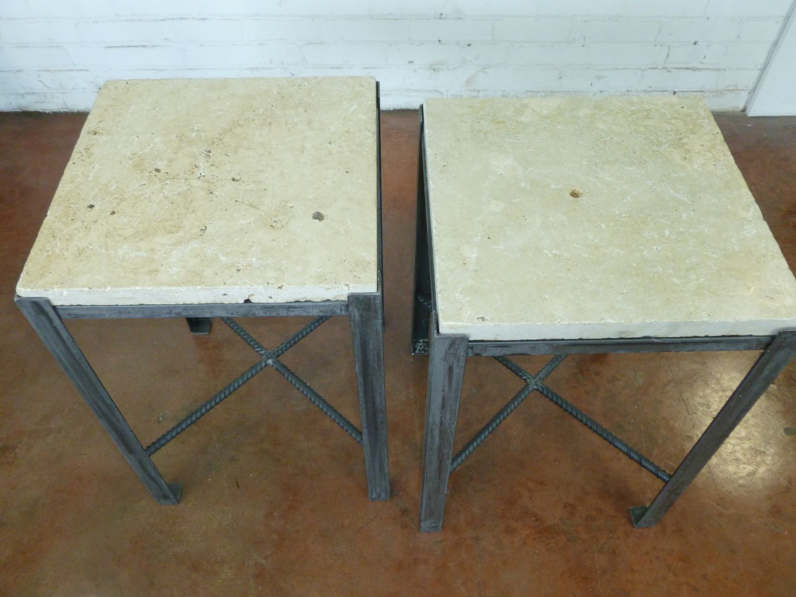 Ferro Designs LLC custom iron end table with a steel base finish and a travertine tile top.