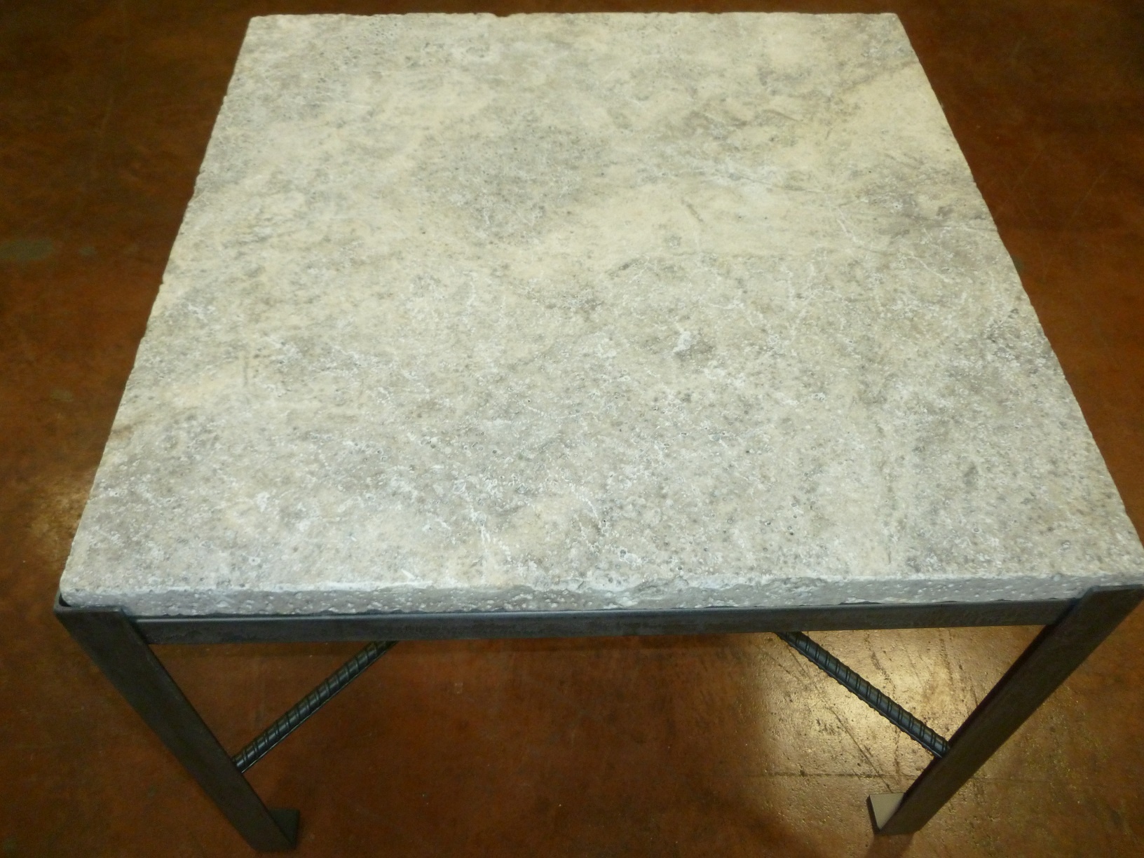 Ferro Designs LLC custom iron end table with a steel finish and a travertine tile top.