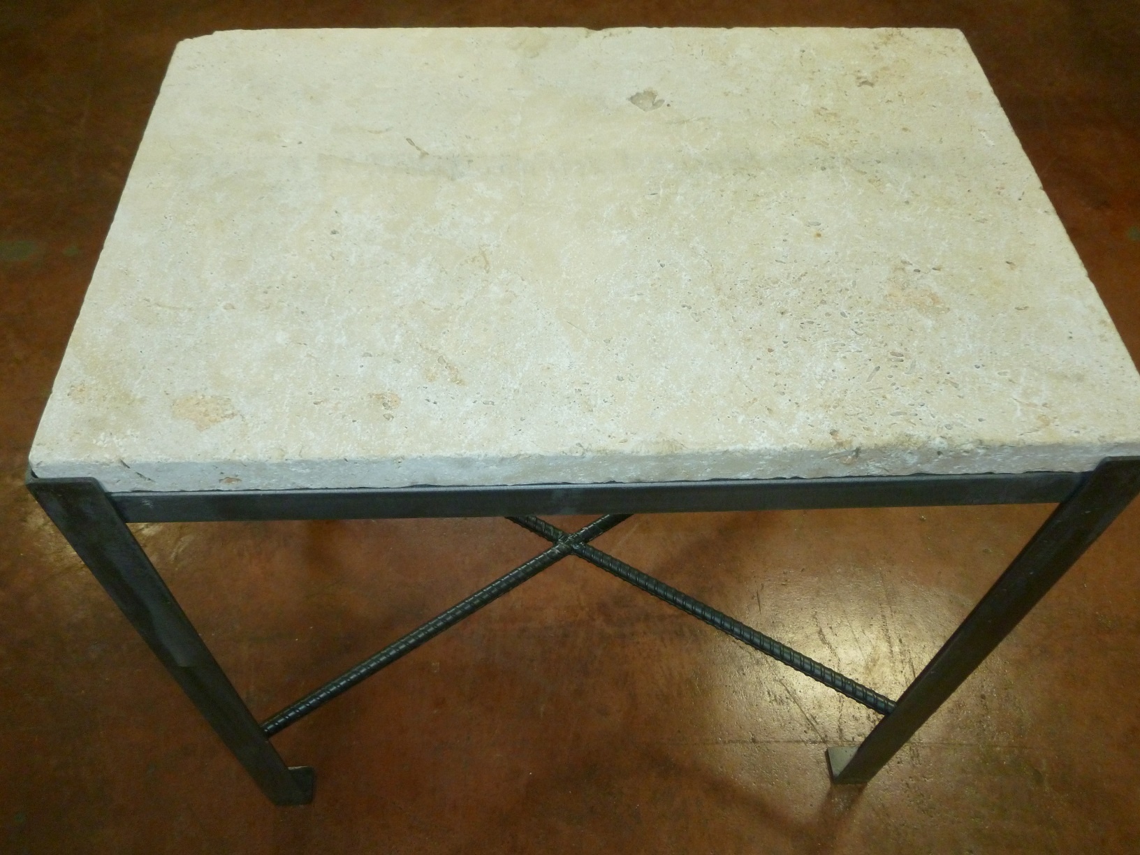 Ferro Designs LLC custom iron end table with a steel finish and a travertine tile top.