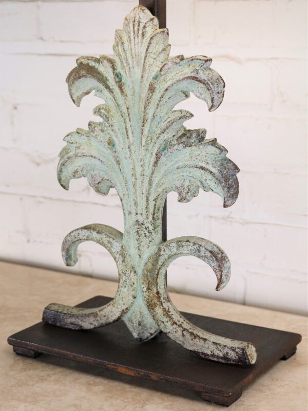 Custom iron table lamp, acanthus, iron base, patina green finish, linen lamp shade