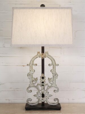 Custom iron table lamp, iron base, linen shade, white patina