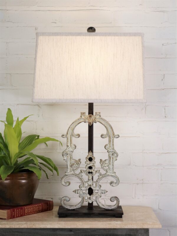 Custom iron table lamp, iron base, linen shade, white patina