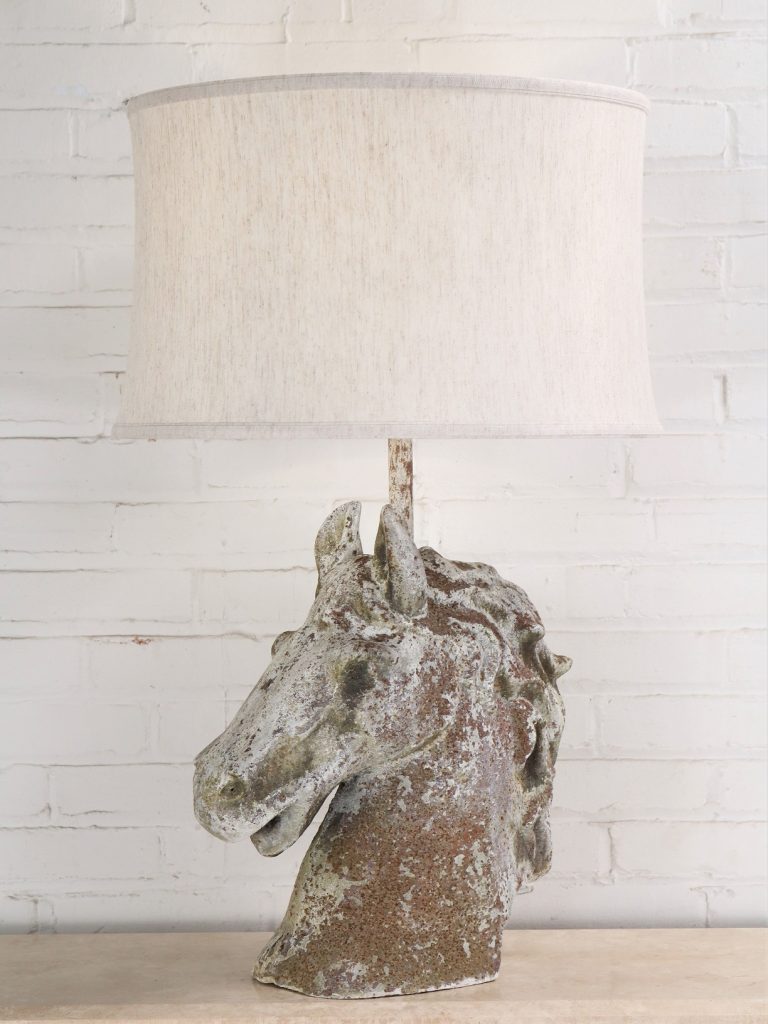 Horse head custom iron table lamp with a white, distressed finish and a 19 inch linen drum lamp shade.