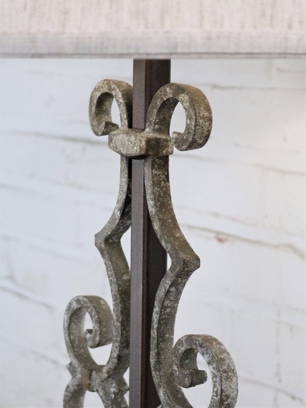 Scroll custom iron table lamp with a white, distressed finish