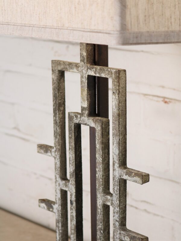 Geometric custom iron table lamp with a gray, distressed finish. Paired with a 14 inch rectangle linen lamp shade.