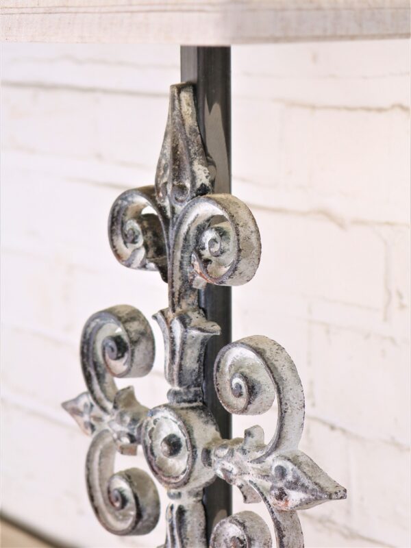 Cross custom iron table lamp with a white, distressed finish