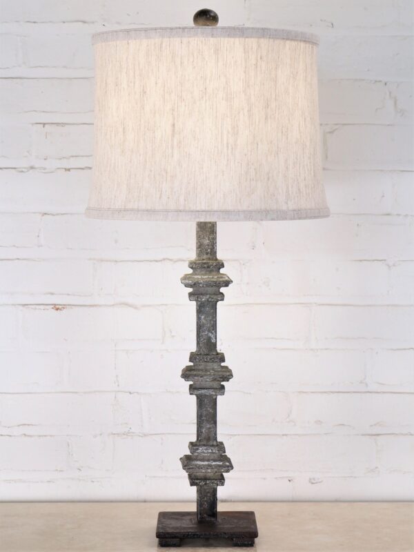 28 inch tall square collar custom iron table lamp with a gray, distressed finish and a dark iron base. Paired with a 12 inch linen drum lamp shade.