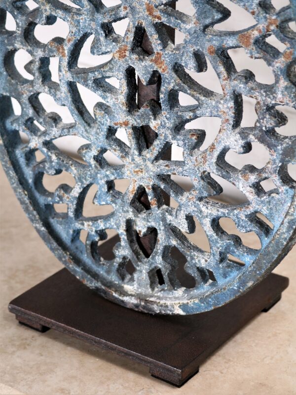 Filigree custom iron table lamp with a blue distressed finish and a dark iron base.
