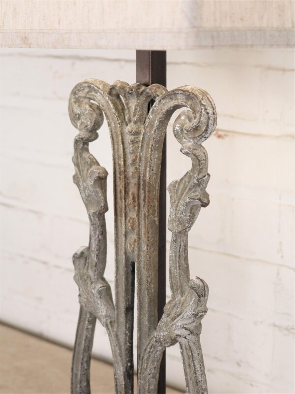Tulip custom iron table lamp with a gray, distressed finish.
