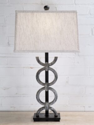 Rings custom iron table lamp with a gray, distressed finish and a dark iron base. Paired with a 14 inch rectangle linen lamp shade.