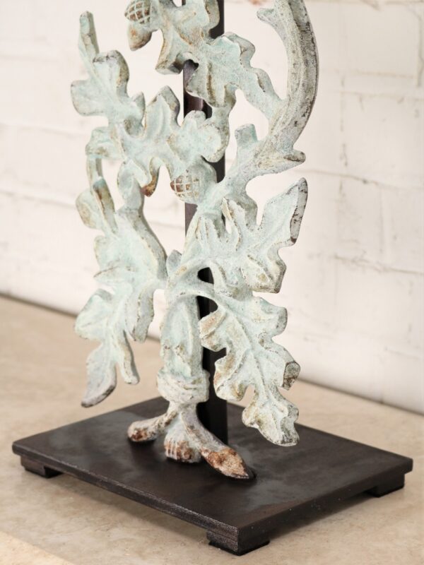 Oak leaves custom iron table lamp with a patina green finish and a dark iron base.