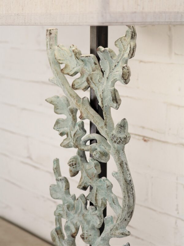 Oak leaves custom iron table lamp with a patina green finish.