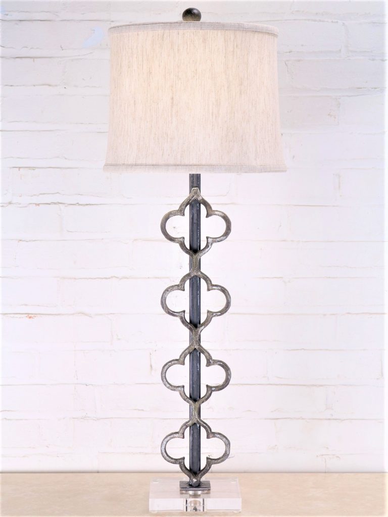 Quattuor custom iron table lamp with a gray, distressed finish and an acrylic base. Paired with a 12 inch linen drum lamp shade.