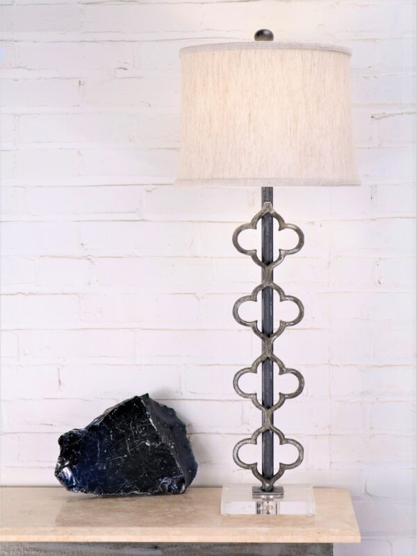 Quattuor custom iron table lamp with a gray, distressed finish and an acrylic base. Paired with a 12 inch linen drum lamp shade.