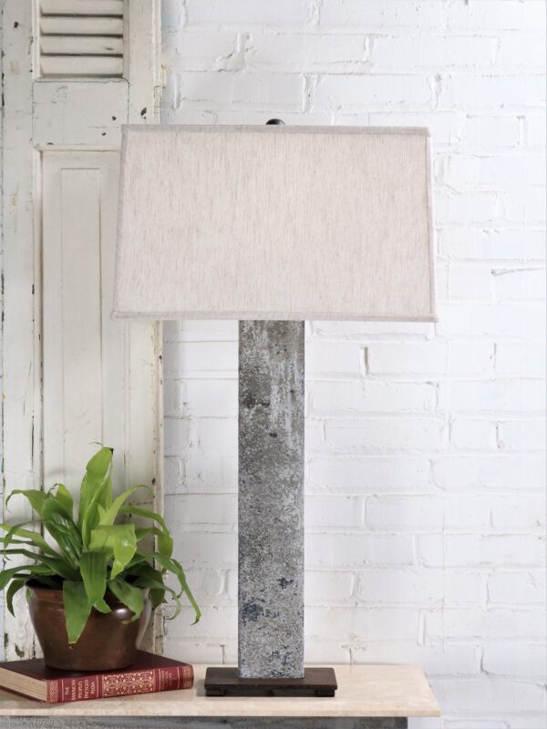 37 inch tall rectangle post custom iron table lamp with a gray, distressed finish and a dark iron base. Paired with a 19 inch rectangle linen lamp shade.