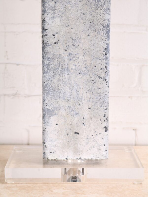 Rectangle column custom iron table lamp with a white, distressed finish and an acrylic base.