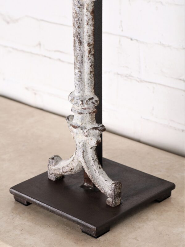Corinthian column custom iron table lamp with a white, distressed finish and a dark iron base.