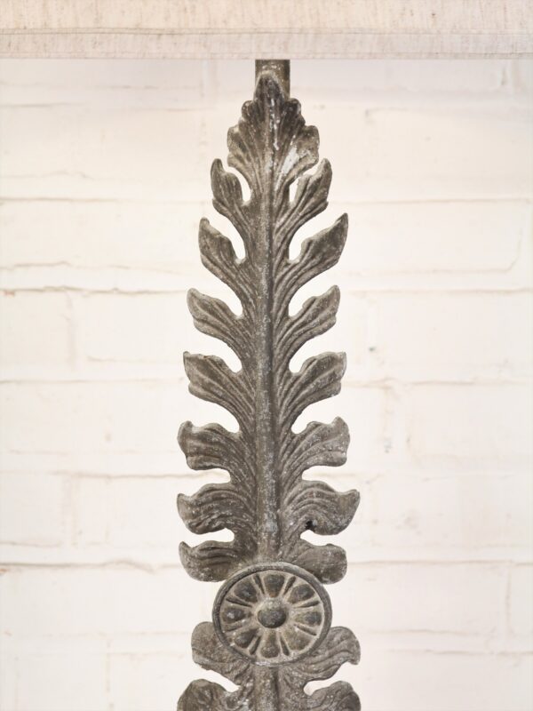 Large leaf custom iron table lamp with a gray, distressed finish.