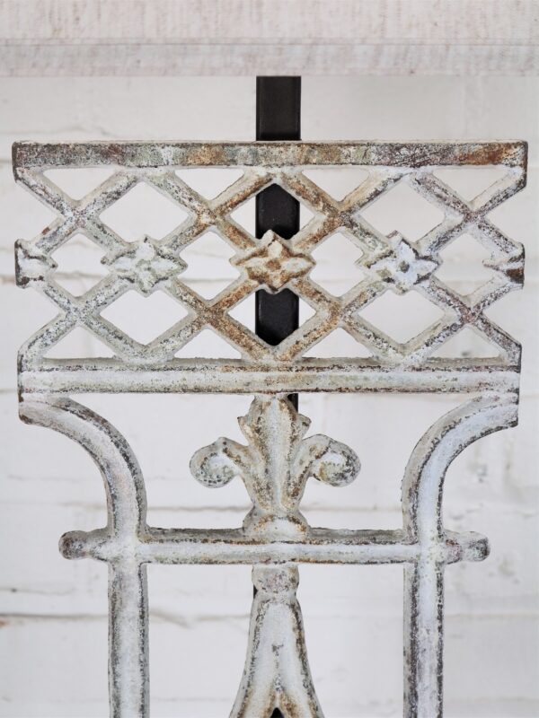 French custom iron table lamp with a white, distressed finish.
