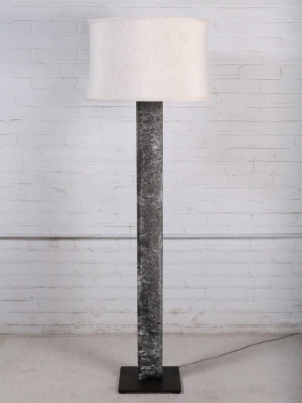 Ferro Designs LLC rectangle post custom iron floor lamp with a gray, distressed finish and a dark iron base. Paired with a 19 inch linen drum lamp shade.
