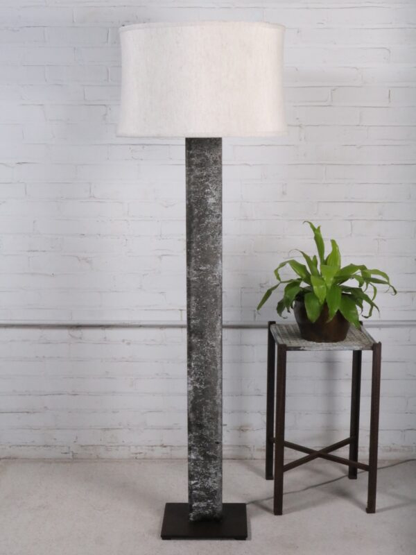 Ferro Designs LLC rectangle post custom iron floor lamp with a gray, distressed finish and a dark iron base. Paired with a 19 inch linen drum lamp shade.