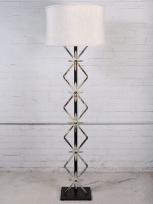 Ferro Designs LLC Starburst custom iron floor lamp with a white, distressed finish and a dark iron base. Paired with a 19 inch linen drum lamp shade.