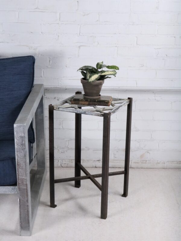 Ferro Designs LLC custom iron drink table or end table with a white distressed top and a dark iron base.