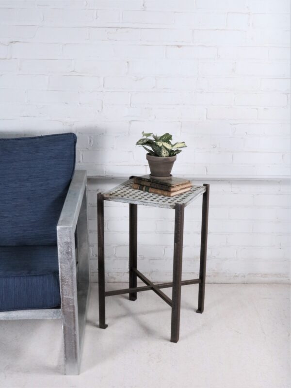 Ferro Designs LLC custom iron drink/end table with a white, distressed finish and a dark iron base.