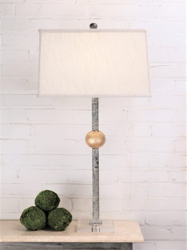 Gold leaf ball custom iron table lamp with a white, distressed finish and an acrylic base. Paired with a 16 inch linen rectangle lamp shade.