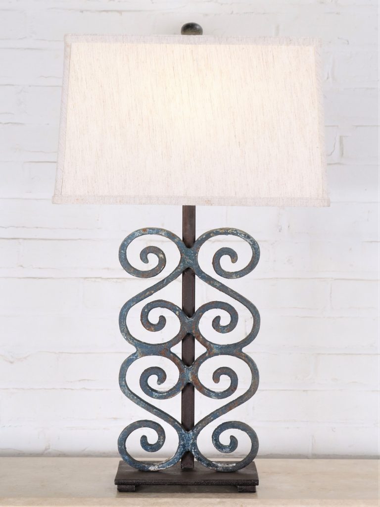 Ferro Designs LLC custom iron table lamp with a blue, distressed finish and a dark iron base. Paired with a 15 inch rectangle linen lamp shade.