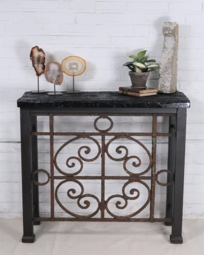 Custom iron console table by Ferro Designs LLC with a barnwood top and a dark iron base finish.